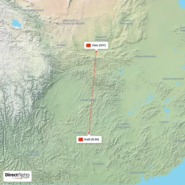 Xian - Kaili direct flight map