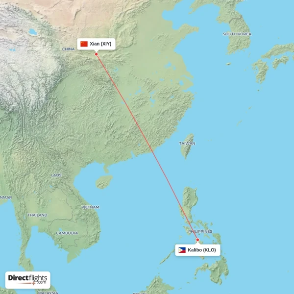 Xian - Kalibo direct flight map