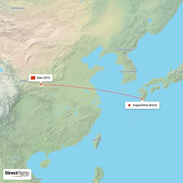 Xian - Kagoshima direct flight map