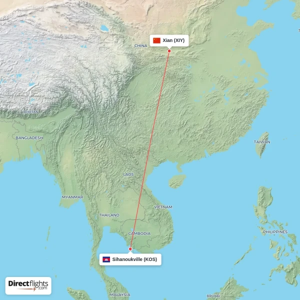 Xian - Sihanoukville direct flight map