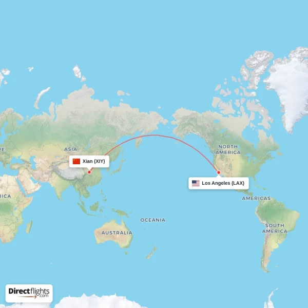 Xian - Los Angeles direct flight map