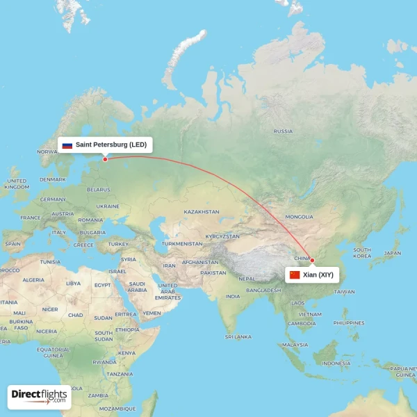 Xian - Saint Petersburg direct flight map