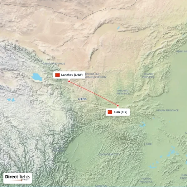 Xian - Lanzhou direct flight map