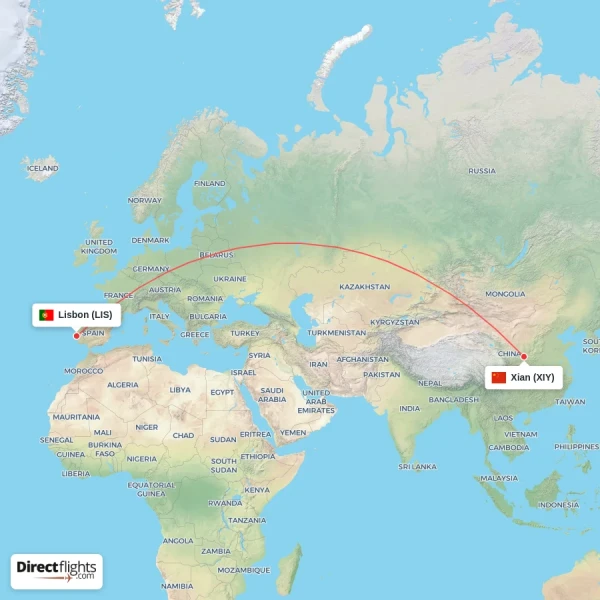 Xian - Lisbon direct flight map