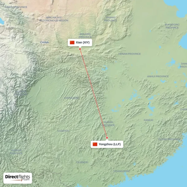 Xian - Yongzhou direct flight map
