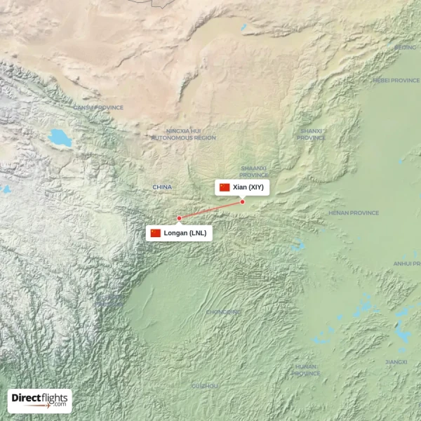 Xian - Longan direct flight map