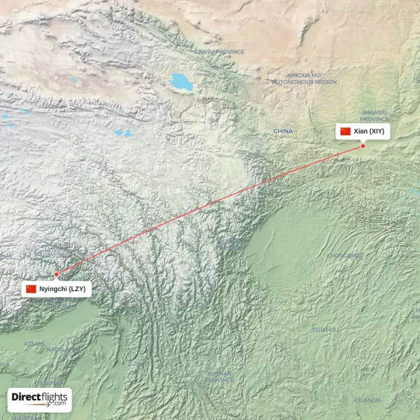 Xian - Nyingchi direct flight map