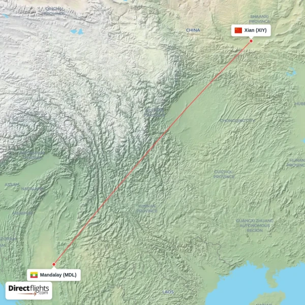 Xian - Mandalay direct flight map