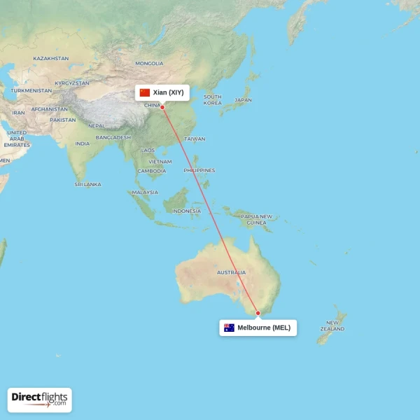 Xian - Melbourne direct flight map