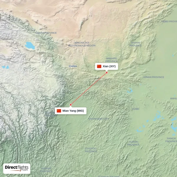 Xian - Mian Yang direct flight map