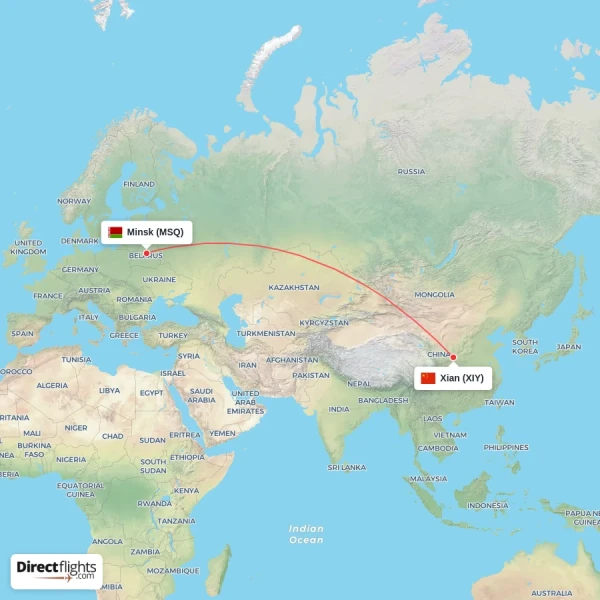 Xian - Minsk direct flight map