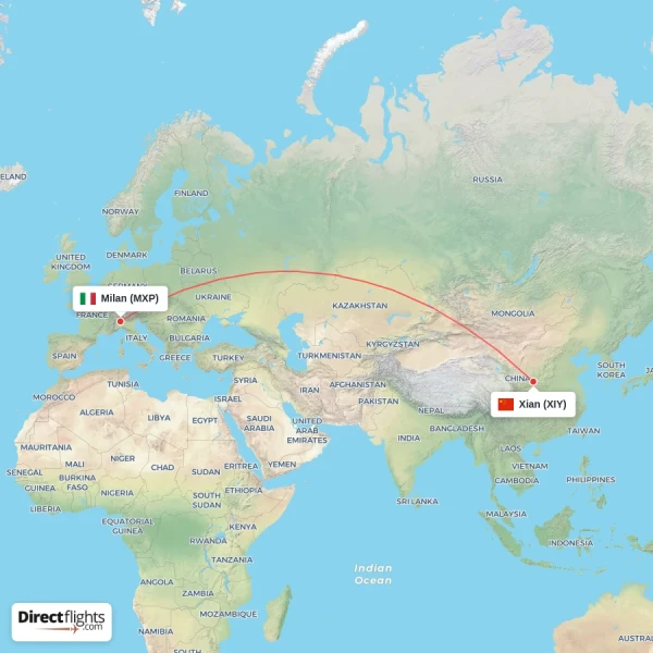 Xian - Milan direct flight map