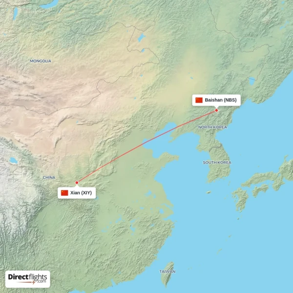 Xian - Baishan direct flight map