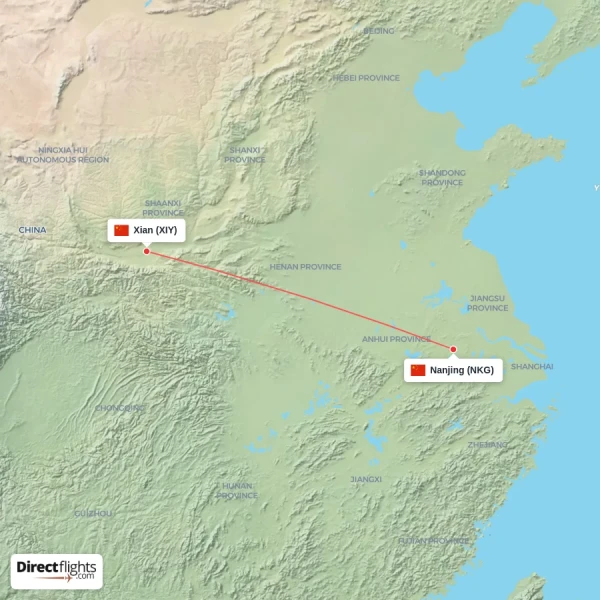 Xian - Nanjing direct flight map
