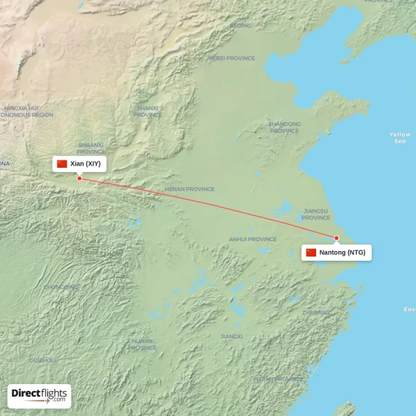 Xian - Nantong direct flight map