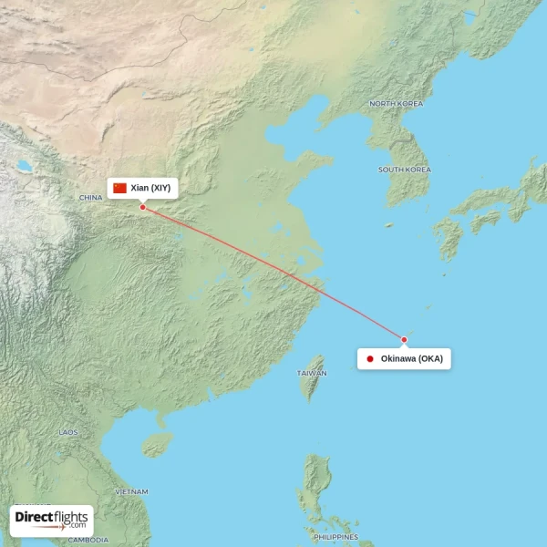 Xian - Okinawa direct flight map