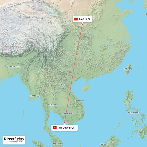 Xian - Phu Quoc direct flight map