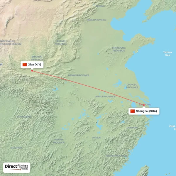 Xian - Shanghai direct flight map
