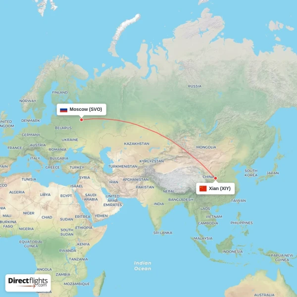 Xian - Moscow direct flight map