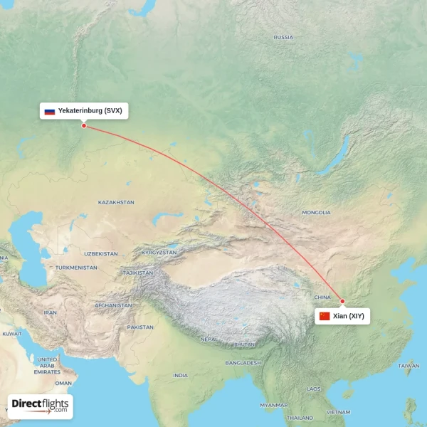 Xian - Yekaterinburg direct flight map