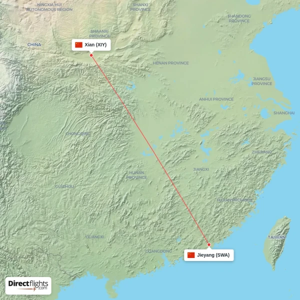 Xian - Jieyang direct flight map