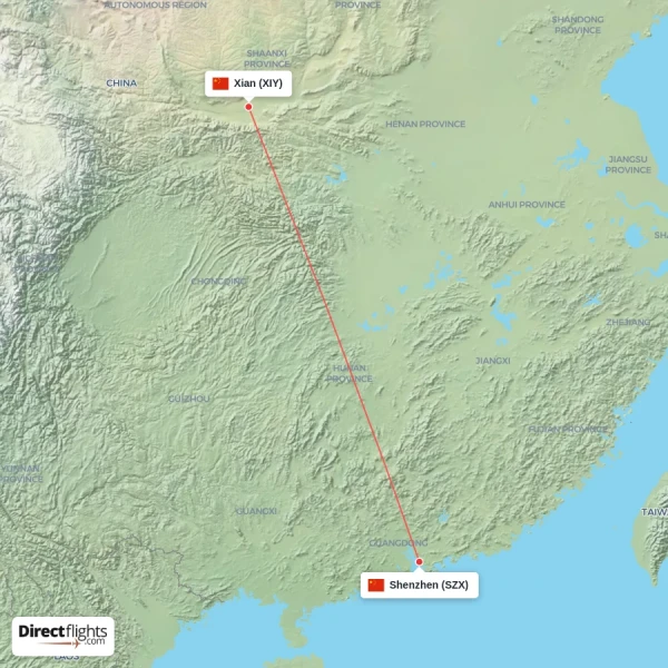Xian - Shenzhen direct flight map