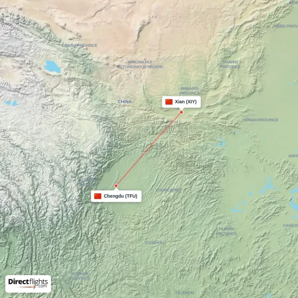 Xian - Chengdu direct flight map