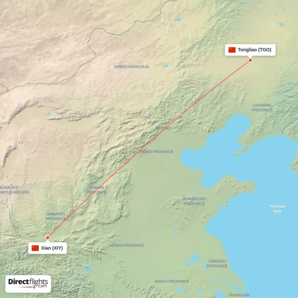 Xian - Tongliao direct flight map