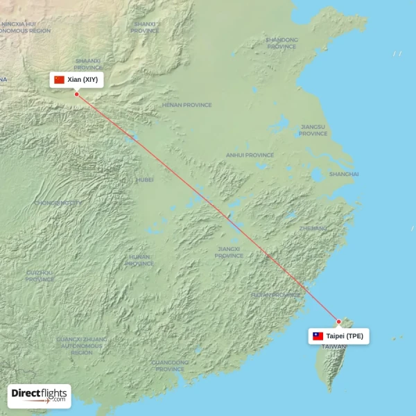 Xian - Taipei direct flight map