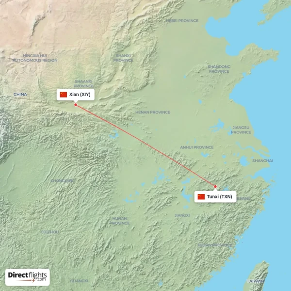 Xian - Tunxi direct flight map