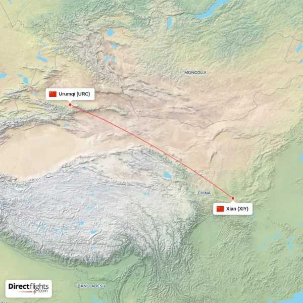 Xian - Urumqi direct flight map