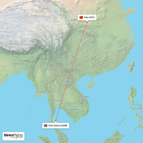 Xian - Koh Samui direct flight map