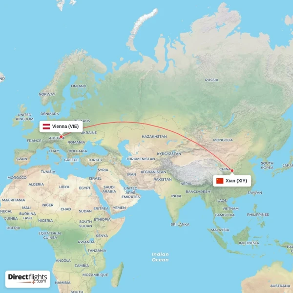 Xian - Vienna direct flight map