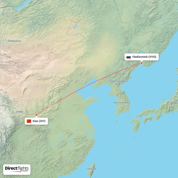 Xian - Vladivostok direct flight map