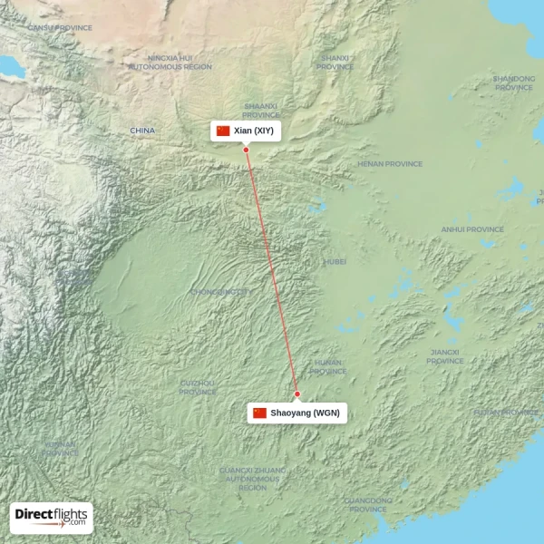 Xian - Shaoyang direct flight map