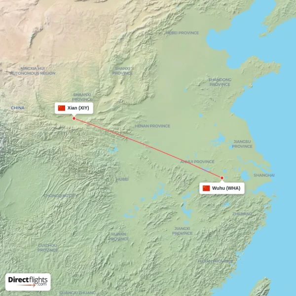 Xian - Wuhu direct flight map