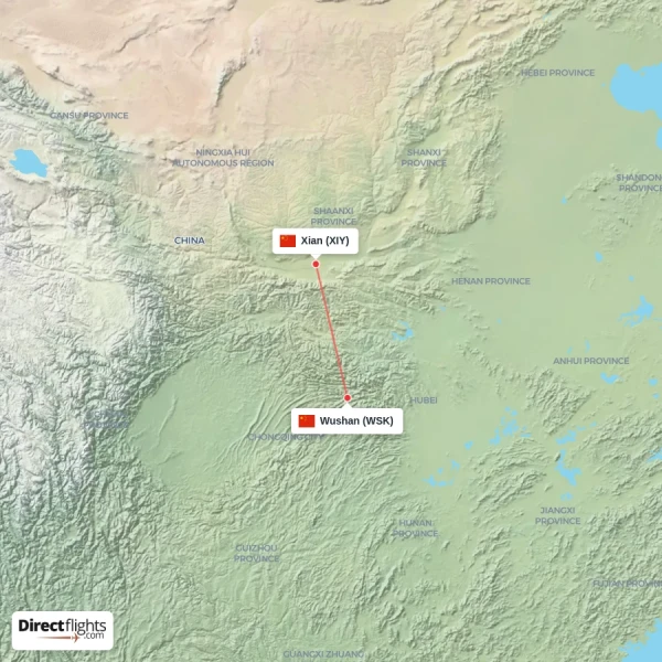 Xian - Wushan direct flight map