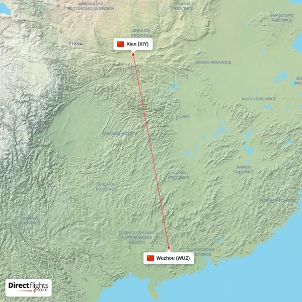 Xian - Wuzhou direct flight map