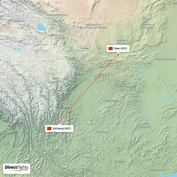 Xian - Xichang direct flight map