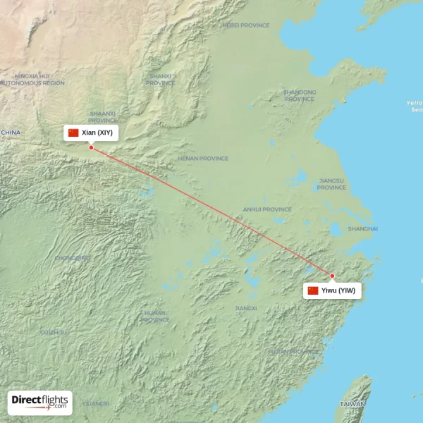Xian - Yiwu direct flight map