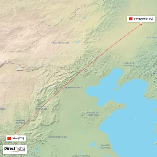 Xian - Songyuan direct flight map