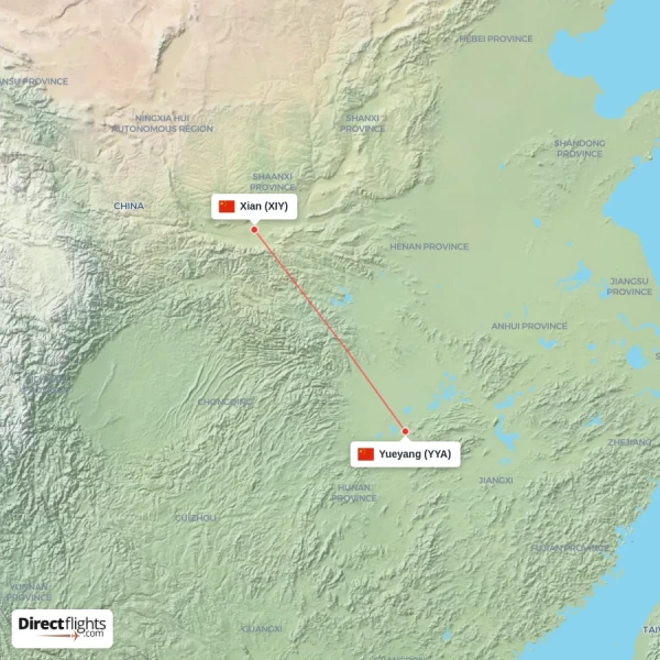 Xian - Yueyang direct flight map