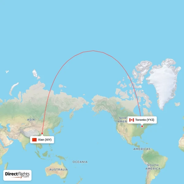 Xian - Toronto direct flight map