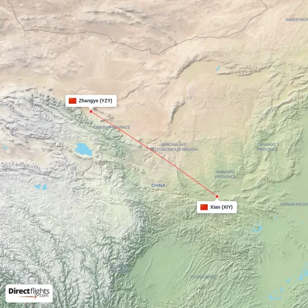 Xian - Zhangye direct flight map