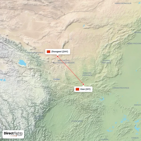 Xian - Zhongwei direct flight map