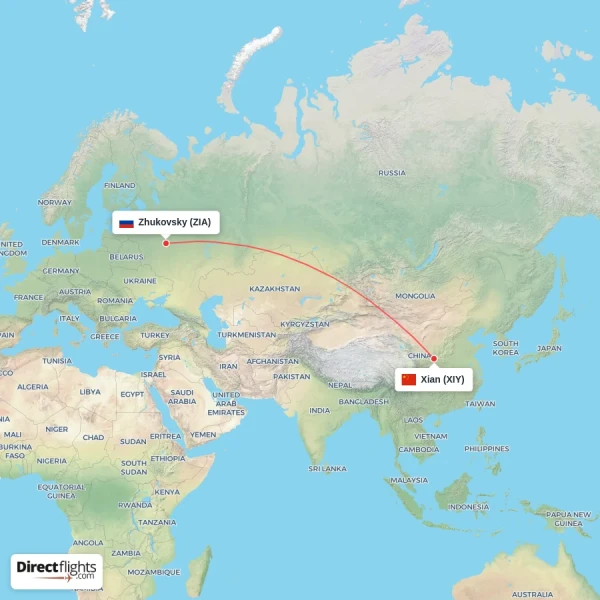 Xian - Zhukovsky direct flight map