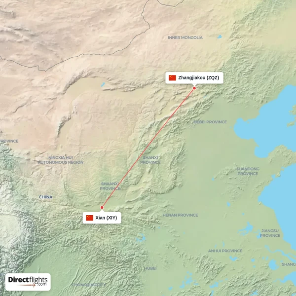 Xian - Zhangjiakou direct flight map