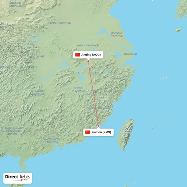 Xiamen - Anqing direct flight map
