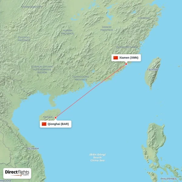 Xiamen - Qionghai direct flight map