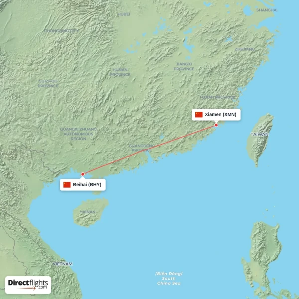 Xiamen - Beihai direct flight map